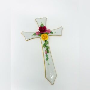 Old Country Roses Floral Ceramic Cross Wall Decor Gold Trim